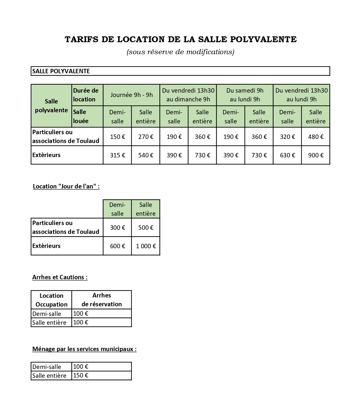 Tarifs salle 2026 2027